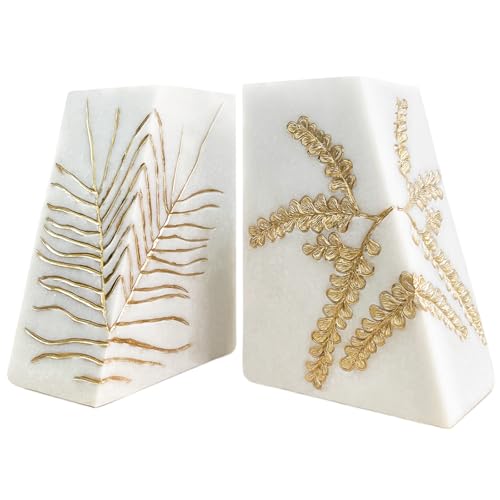 Heavy Duty Book Ends for Shelves, Decorative Book Ends for Heavy Books, Resin Modern Bookends with Marble Texture & Gold Botanical Detail, Minimalist Bookends for Home Decor, Set of 2