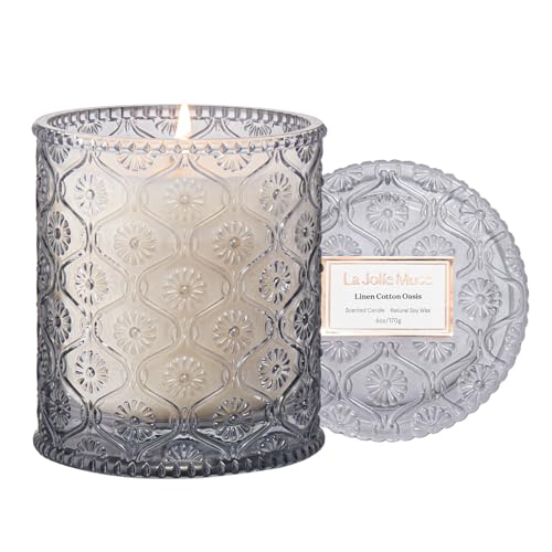 LA JOLIE MUSE Linen Cotton Clean Scented Candles for Home, Soy Wax, 40 Hrs | Luxury Jar Candle, Clean Non Toxic, Gift for Women & Men, Decorative Grey Candles for Candle Wamer Lamp, Fresh Scent Candles - color: Linen Cotton Oasis