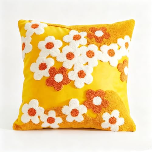 Tufted Yellow Flower Throw Pillow Cover 18x18in,Boho Floral Embroidered Pillow Cover,Summer Decorative Coushion Cover for Couch, Sofa, Bed, Living Room,Bedroom - color: Yellow