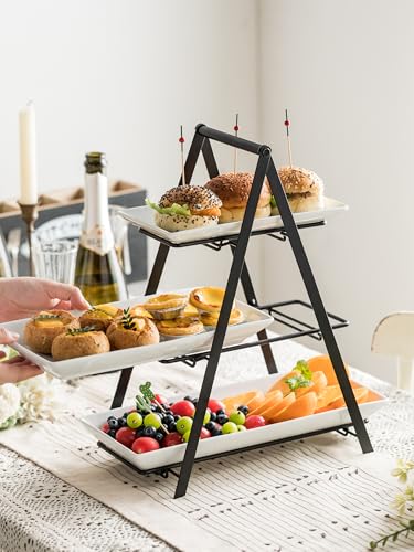 YHOSSEUN 3 Tier Serving Tray Tiered Tray Stand, 10+12+14 Inch, Black | Ceramic Serving Platters and Trays with Metal Rack, Large Serving Trays for Party 3 Tier Serving Stand Dessert Display Set - color: E-black Stand, size: 10+12+14 Inches