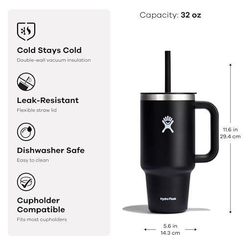 Hydro Flask Travel Tumbler with Handle, Lid and Straw - Insulated Stainless Steel in 32 Oz Black - color: Black, size: 32 Ounces