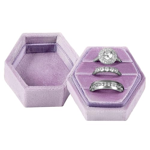 MFXIP Velvet 3 Slots Jewelry Ring Box Engagement Wedding Box Keepsake Box Bridal Photo Ring Triple Slots Hexagon - color: Light Purple