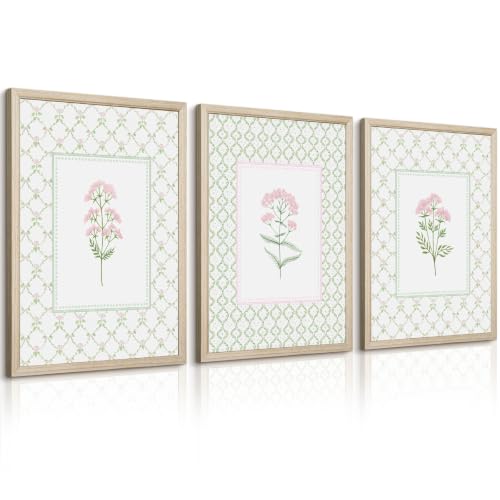 Pink Green Floral Wall Art Girl Room Wall Decor Nursery Flower Pictures Pastel Floral Canvas Posters Cute Flower Prints Pink Sage Green Botanical Painting for Bathroom Bedroom 12x16 Inch Framed 3Pcs - color: Pink Green Art, size: 12''x16'' Framed