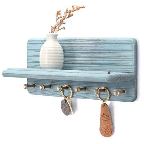 Rebee Vision Key Holder Wall Mount with 6 Key Hooks for Home Decor, Blue | 6 Key Hooks,Pine Wood, Key Holder for Wall, Floating Shelf, Mail Organizer, Apartment Essential for Room Improvement - color: Blue, size: Medium-11inch