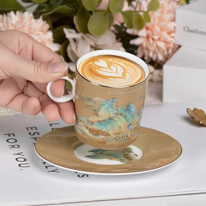 KAMMAK Tea Cups and Saucers Set of 2, Porcelain Coffee Cups, JBE008 | Stackable Espresso Mugs, Ceramic Demitasse for Coffee, Cappuccino, Latte, Americano, Tea - size: 8CZJBE008