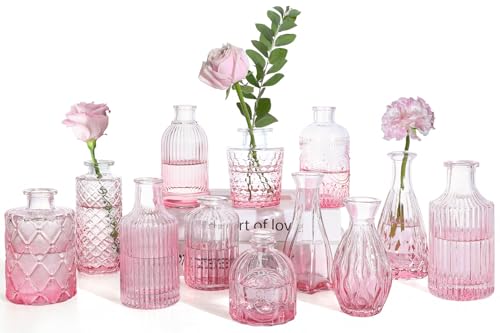 Pink Glass Bud Vases Set of 12, Vintage Mini Vases | For Centerpieces, In Bulk for Wedding Decor, Single Flowers, Office and Home Table Flower Décor - color: Pink-12pcs, size: 12Pcs
