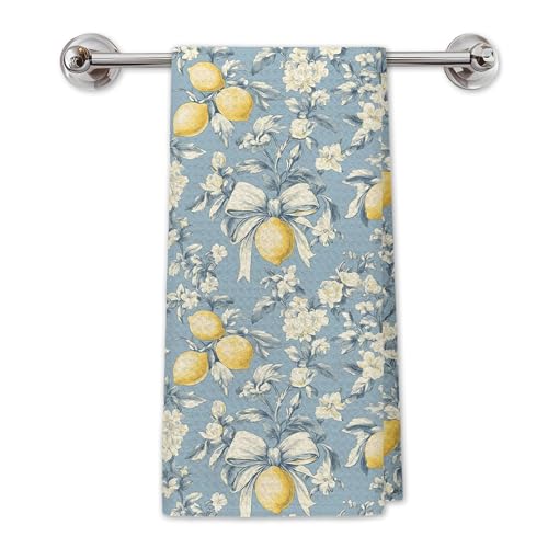 Blue Coquette Bow Flower Lemon Kitchen Towels, Vintage Rustic Lemon Dish Tea Towels for Kitchen Decor, Cottagecore Shabby Chic Floral Hand Towels for Bathroom Decor, 16x24 Inch - color: Flower Lemon Towels