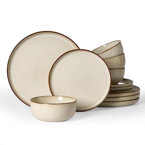 Famiware Milkyway 12-Piece Stoneware Dinnerware Set, Light khaki | Plates and Bowls for 4, Handmade Reactive Glaze Dish Set, Microwave & Dishwasher Safe, Chip & Scratch Resistant - color: Light khaki, size: Service for 4 (Standard Dinner Set)