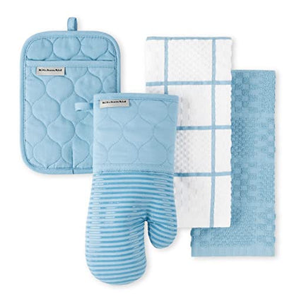 KitchenAid Quilted Cotton Terry Cloth Oven Mitt, Pot Holder, Kitchen Towel 4-Pack Set, Heat Resistant, Silicone Grip, Gift Set, Blue Velvet, 16"x26", 7"x13" & 7"x10" - color: Blue Velvet