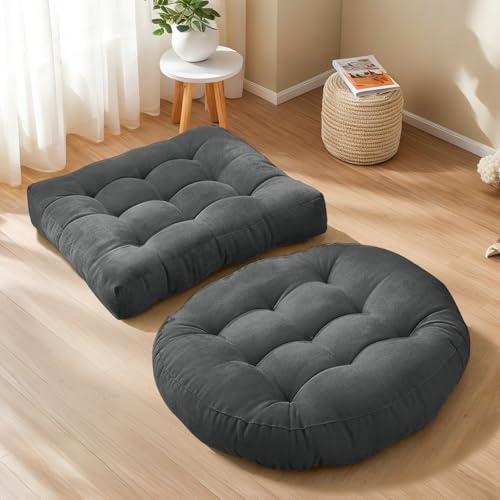 Floor Cushion Pillow Set of 2 Large Round and Square Floor Pillows for Adults Meditation Cushion Pillow Tufted Corduroy Cushions for Living Room Outdoor Yoga Tatami Fireplace,20x20 Inch (Grey) - color: Grey