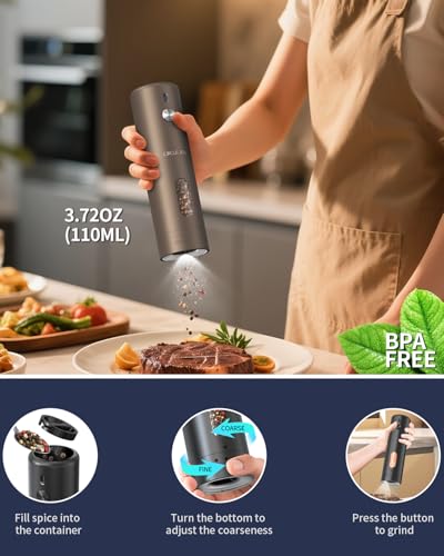 CIRCLE JOY Rechargeable Electric Salt and Pepper Grinder Set with Base, Automatic Pepper Mills with 110ml Container, External Adjustable Coarseness, White Led Light and One-Handed Operation, Brown - color: Brown