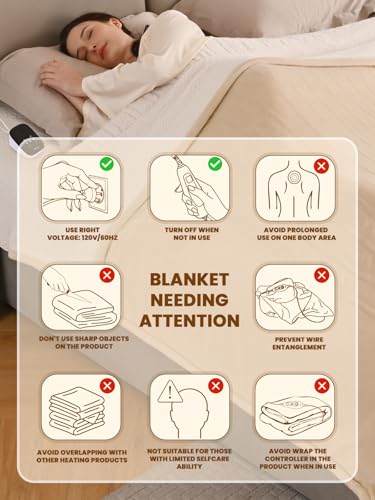 Bearhug Electric Blanket King Size with Dual Controls, 10 Heat Levels & 1-12H Auto Shut-Off, Fast Heating Soft Velvet to Sherpa Heated Blanket for Couples, Machine Washable, Beige - color: Beige, size: King Size 100" × 90"