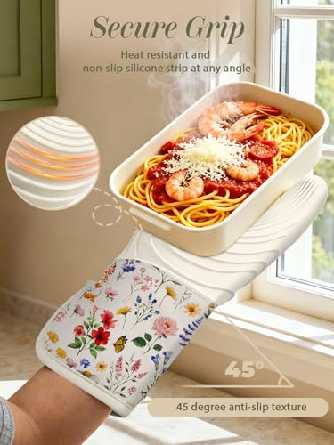 Slohif Long Silicone Oven Mitts Heat Resistant for Women - 2 Pcs Red Flower 100% Cotton Oven Gloves, Non-Slip and Waterproof Silicone Oven Mitts with Hanger for Baking and Cooking - color: White Red