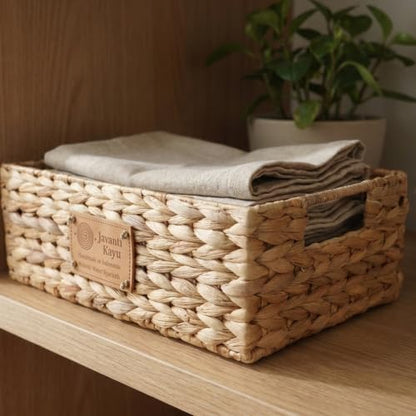Handmade Water Hyacinth Wicker Storage Basket with Handles – Rectangle Organizer Bin for Shelves, Blanket, Bathroom, Closet – Stackable – Decorative & Durable (1, S: 12" x 8" x 4") - size: S: 12" x 8" x 4"