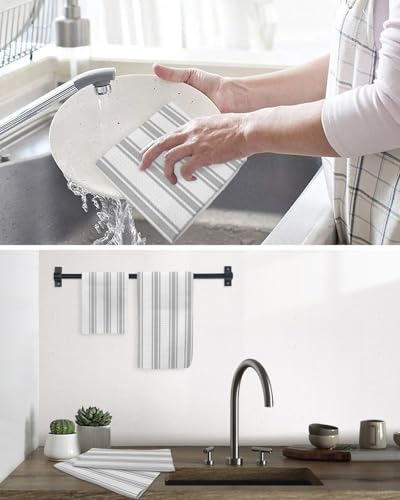 Grey Striped Dish Towels Set, Waffle Weave Kitchen Towels 2 Pieces, Farmhouse Aesthetic Modern Stripes Microfiber Hair Face Bath Tea Towel Absorbent Quick Drying Cleaning Dish Cloths, 12"x12" - color: Gray, White, Silver, size: 2PCS,12"x12"