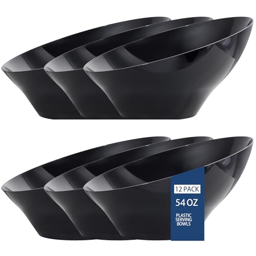 bUCLA 12 Pack Black Plastic Serving Bowls - 54 OZ Angled Bowls Disposable for Chip&Candy - Party Table Salad and Fruit for Party, Wedding & Graduation - color: Black, size: 54oz