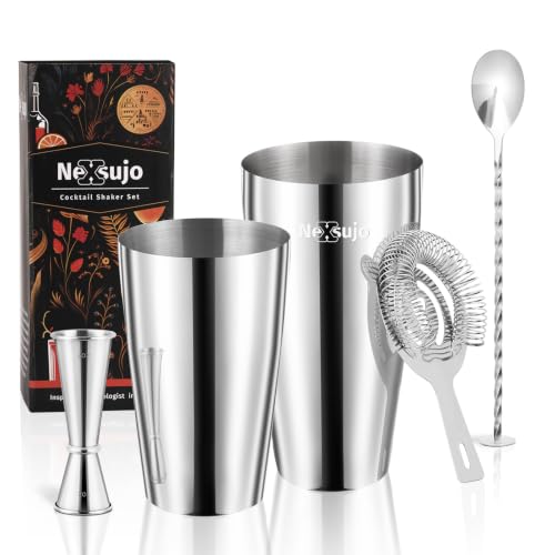 Boston Cocktail Shaker Set, 4-Piece Bar Tools Set, Professional Bar Set with Boston Shaker, Bar Spoon, Jigger, Hawthorne Strainer, Stainless Steel, Dishwasher Safe, Ideal Bartender Kit for Bar - color: Silver, size: 4-Piece
