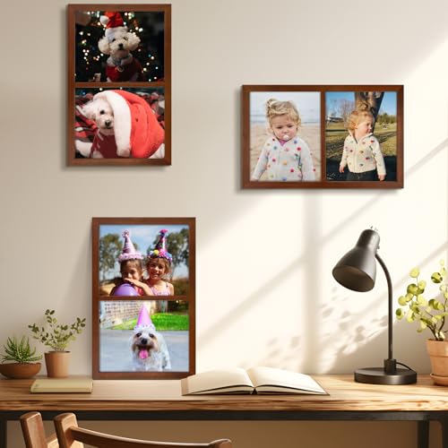 Golden State Art, 8x10 Double Picture Frame, Display Two 8x10 Photos(Brown) | Solid Wood - Real Glass For Wall Mounting (Brown, 1 Pack) - color: Brown, size: 2 Openings 8x10
