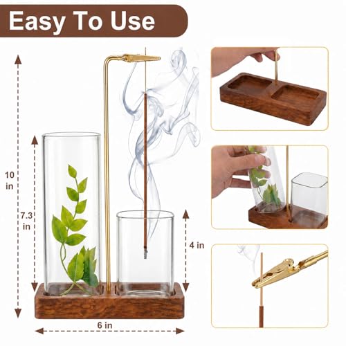2 in 1 Upside Down Incense Holder Wooden Glass Burner Ash Catcher & Storage | Ash-proof upside-down 2-in-1 incense holder with glass catcher, wood base, storage, free brush, for yoga meditation spa decor