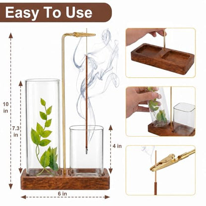 2 in 1 Upside Down Incense Holder Wooden Glass Burner Ash Catcher & Storage | Ash-proof upside-down 2-in-1 incense holder with glass catcher, wood base, storage, free brush, for yoga meditation spa decor