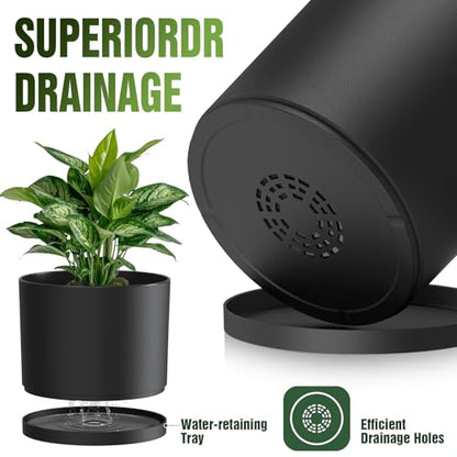 10/9/8 Inch Plant Pots 3 Pack, with Drainage Hole & Saucers | Cylindrical plastic planters with drainage holes & saucers. Modern matte finish, lightweight & durable for indoor/outdoor use - color: Matte Black