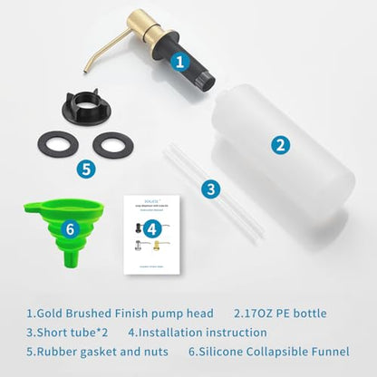 Built in Soap Dispenser for Kitchen Sink, Gold Brushed Stainless Steel Countertop Pump Head, Dish Soap Hand Lotion Dispenser with Refillable 17OZ Bottle - color: Gold Brushed