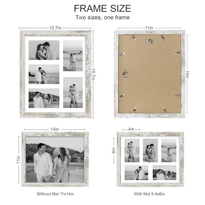 Hongkee 11x14 Picture Frame Set of 2, Distressed White Wood Frame with Real Glass Collage Picture Frames, Display Pictures Five 4x6 With Mat or 11 x 14 Without Mat, Photo Frames Wall Gallery - color: Distressed White, size: 11x14 in matted to 5-4x6