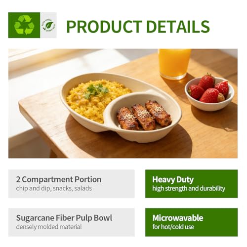 2 Compartment Bowls 100 Pack, Divided Disposable Chip and Dip Bowls | BPA Free Sugarcane Fiber Pulp Bowls, Compartment for Two Dishes, Serving Chips and Salsa, Snacks, Finger Foods - size: Compartment 9.3 x 6.5 x 1.6 inch