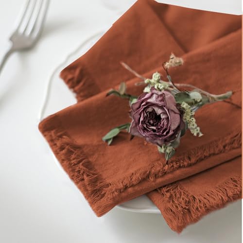 Handmade Cloth Napkins 100% Cotton Napkins with Fringe，Delicate Handmade Cloth Napkins for Dinners, Parties, Weddings and More，18 x 18 Inch Set of 4 - Terracotta - color: Terracotta