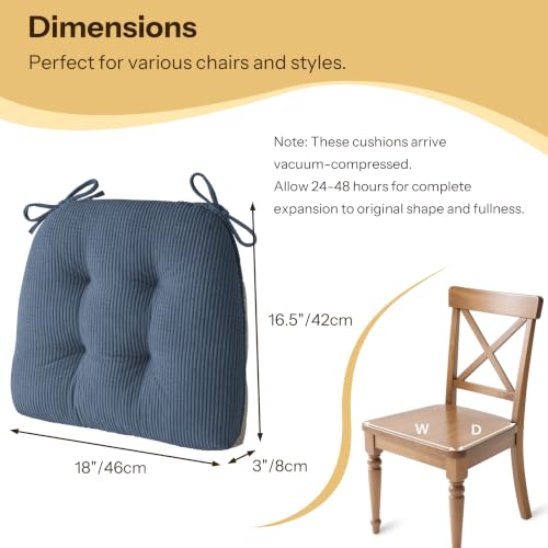 Anti Slip Kitchen Chair Cushions Set of 4 18"X16.5"X3" Light Blue | Elegant Breathable Textured Fabric, with Ties, Tufted, Thick Polyester Filling, for Dining Chairs, Folding Chairs, Office - color: Light Blue