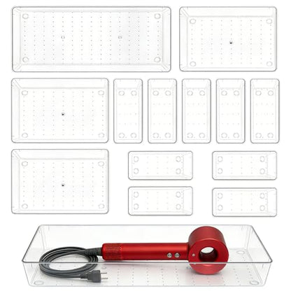Manalete 14 Pcs Plastic Drawer Organizer with 2 pcs 15"x6" Vanity Organizer | Durable Clear PET Storage Bins Tray for Desk, Kitchen & Bathroom, Office, Makeup, Tools, Easy Clean, Stackable, BPA-Free - size: 2 Pack 15×6", 3 Pack 9×6", 9 Pack 3×6"