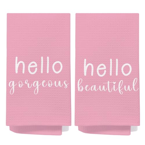 SPBL&L Hot Pink Hand Towels,Hello Gorgeous Hand Towels ,Pink Kitchen Set of 2 Towels,Hello Gorgeous Kitchen Set,Makeup Decor,16x24 Inch - color: Bathroom-pink White