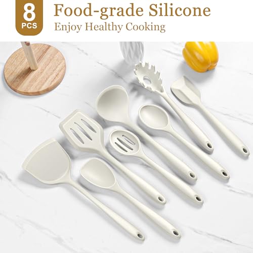 LIANYU 8Pcs Kitchen Cooking Utensils Set, Nonstick Silicone Utensil Sets | Heat Resistant Kitchen Gadgets Essentials for Nonstick Cookware, with Spatula, Spoon, Tuner, Ladle, Dishwasher Safe, White - color: White