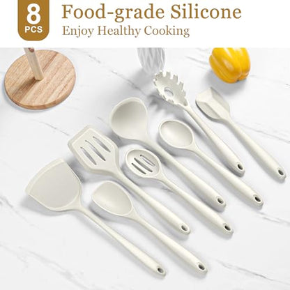 LIANYU 8Pcs Kitchen Cooking Utensils Set, Nonstick Silicone Utensil Sets | Heat Resistant Kitchen Gadgets Essentials for Nonstick Cookware, with Spatula, Spoon, Tuner, Ladle, Dishwasher Safe, White - color: White