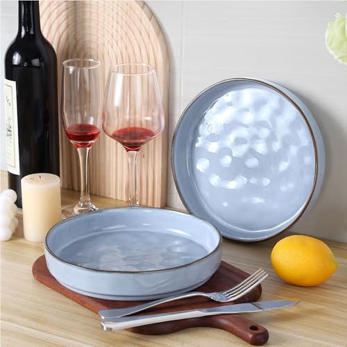 LIANYU Pasta Bowls Set of 4, 8.25’’ Wide Shallow Salad Serving Plate | Stoneware Ceramic Dinner Bowl Plates for Home Kitchen, Microwave & Dishwasher Safe, Serenity Blue - color: Serenity Blue