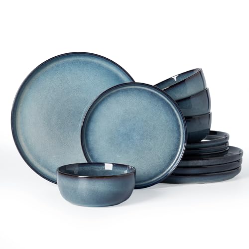 Famiware Milkyway 12-Piece Stoneware Dinnerware Set, Dusty Blue | Plates and Bowls for 4, Handmade Reactive Glaze Dish Set, Microwave & Dishwasher Safe, Chip & Scratch Resistant - color: Dusty Blue, size: Service for 4 (Standard Dinner Set)