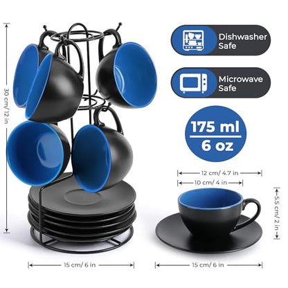 MIAMIO - Set of 6, Ceramic Stackable Cappuccino Cups Set / 6 Ounce Cappuccino Mugs and Saucer with Metal Stand for Coffee Drinks, Cafe, Latte, Americano and Tea - Le Papillon Collection (Blue) - color: Blue