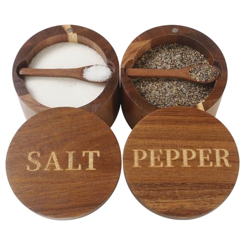 Salt Cellar, Elegant Salt and Pepper Set, 2PCS Acacia Wood Salt Container with Built-in Spoon & Swivel Lid, Engraved SALT & PEPPER Box, Salt Holder for Countertop Seasoning Storage - color: Acacia Wood SALT and PEPPER Set