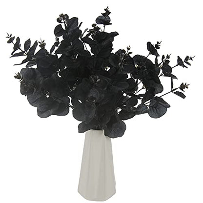 Tinsow 5 Pcs Black Artificial Eucalyptus Stems Faux Eucalyptuses Branches Black Leaf Halloween Centerpiece Halloween Home Decor (Black, 5) - color: Black