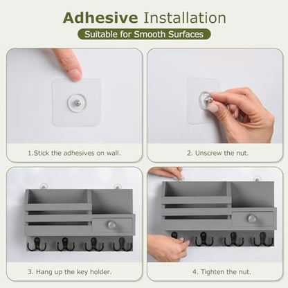 Key Holder Wall Mount, Wooden Key and Mail Organizer, Gray | 2 Mount Options, Includes 8 Hooks, Fence Mail Slot, Small Drawer and Shelf, for Entryway, Hallway, Doorway, Living Room, RV - color: Gray