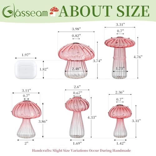 Glasseam Mushroom Plant Propagation Station: 5 Pcs Pink Glass Terrarium Jar | Handmade, Small Hydroponic Planters, Pothos Cutting Propagation Vase, Windowsill, Office, Table Centerpieces, Gifts for Women - color: Pink, size: 10