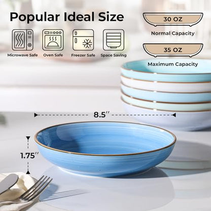 Y YHY 8.5'' Pasta Bowls Set of 6, 30 oz Ceramic Shallow Salad Bowls, Large Serving Soup Bowls Pasta Plates, Microwave & Dishwasher Safe Dinnerware Valentine's Day Gift, Gradient Blue - color: Gradient Blue, size: 30 oz