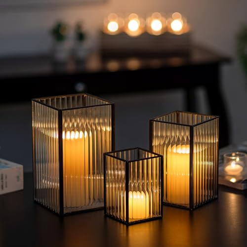 Glasseam Glass Hurricane Candle Holder: Square Black Candle Holders Set of 3 Metal Ribbed Pillar Candle Holder for Table Centerpiece Modern Small Lanterns Decorative Indoor Christmas Halloween Decor - color: Black, size: Style 1