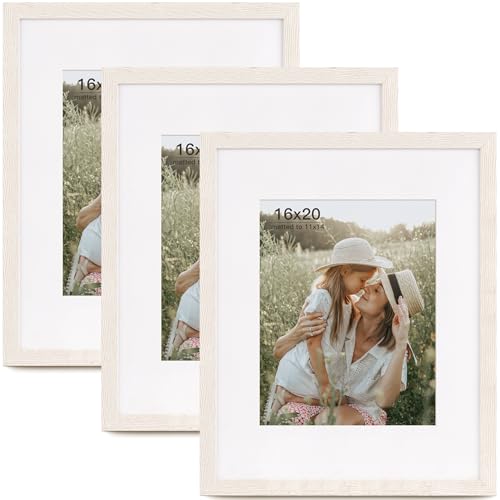 Momentworth 16x20 Picture Frame with Mat for 11x14 Set of 3, Rustic White Wood Grain 16x20 Frames for Wall Mounting (3 Pack, White) - color: Rustic White, size: 16x20 - 3 pack