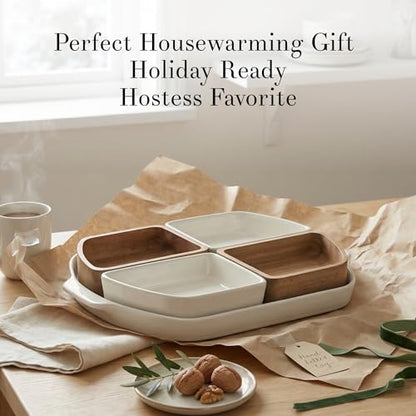 Chip and Dip Serving Set - Ceramic Wooden Serving Platter with 4 Seperable Compartments - Divided Serving Tray for Tacos, Appetizers, Veggies - Sectional Relish Tray for Parties