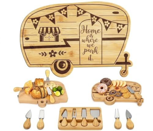 Foldable RV Charcuterie Boards Gift Set for Serving with Utensils | Happy Camper Bamboo Cutting Board, House Warming Gifts New Home, Wedding, Birthday & Bridal Shower Gifts for Women Couples - size: 11.7''L x 7.9''W