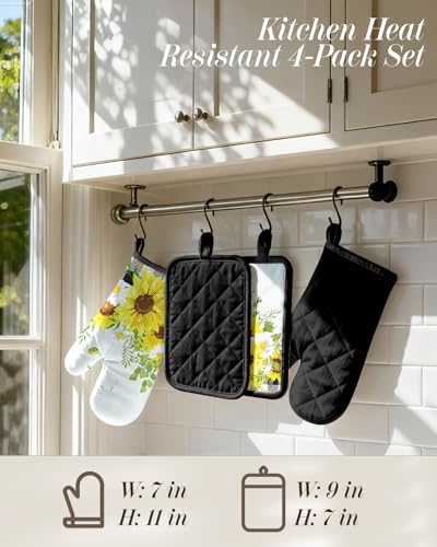 Miss Adola Cotton Oven Mitts and Pot Holders Sets, Sunny Bloom | Heat-resistant up to 350°F, Pure Cotton, Quilted Contact Surface, Stylish Design, with Hanging Loop, Ready to Gift Package - color: Sunny Bloom