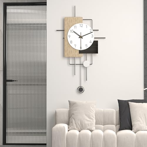 Modern Minimalist Wall Clock Creative Wooden Decorative Wall Clocks Silent Non Ticking Pendulum Clock Battery Powered Quartz Clock for Living Room Kitchen Bedroom Office, 16.5 * 29 in