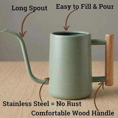 Metal Small Indoor Watering Can with Long Spout & Real Wood Handle, 35oz | Long Spout, Stainless Steel, Real Wood Handle, Gentle Flow, No Spills, Suitable for House Plants, Succulents & Seedlings - color: Sage Green
