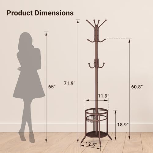 ELYKEN Coat Rack Freestanding, Metal Coat Rack with Umbrella Holder | 12 Hooks, Round Base, Heavy Duty Floor Standing Coat Tree for Entryway, Hallway, Living Room, Bedroom, Office, Brown - color: Brown